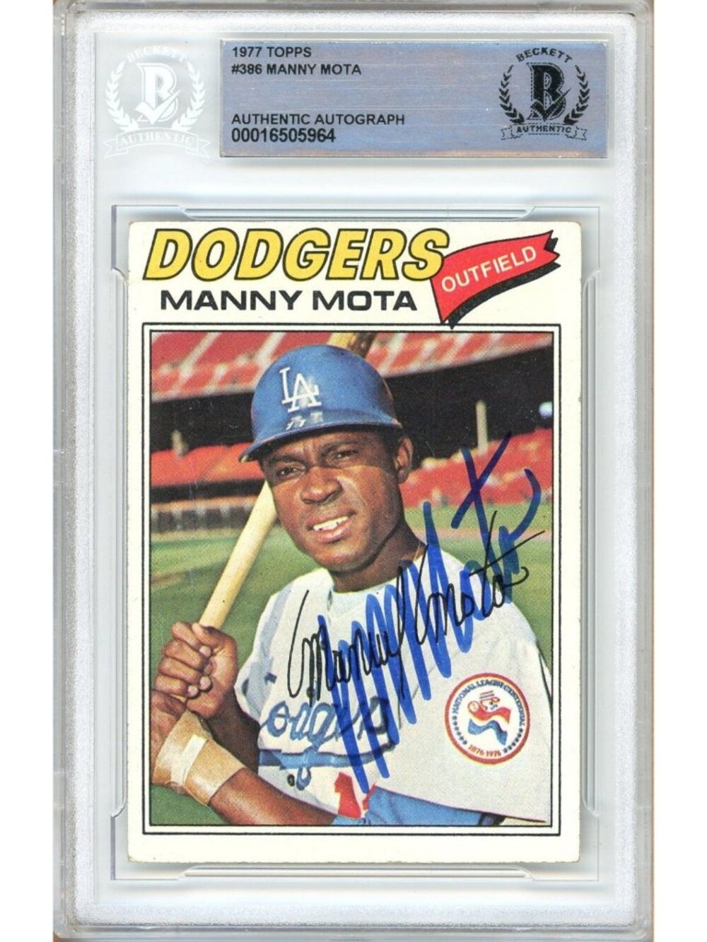 Manny Mota Signed 1977 Topps #386 LA Dodgers Beckett BAS Slabbed Auto MLB Card